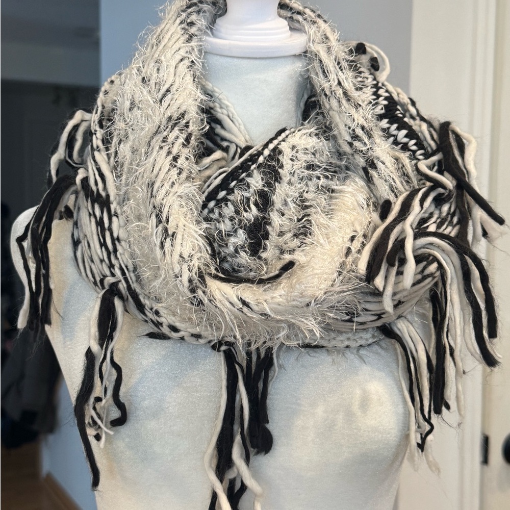 Infinity Black and White Fringe Scarf Like New!!!!